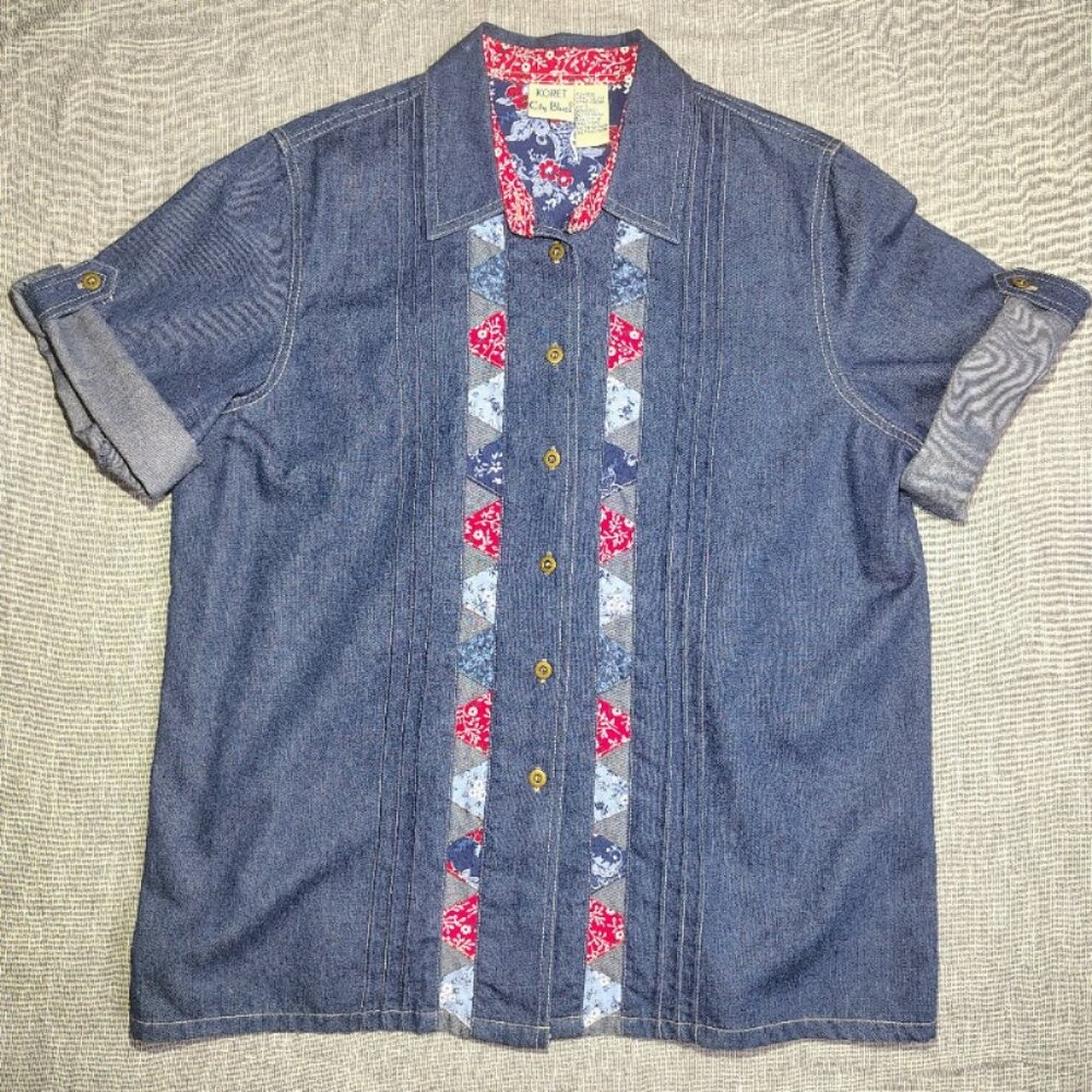 Koret Blue Denim Button-Down Shirt with Red & Light Blue Patch Trim